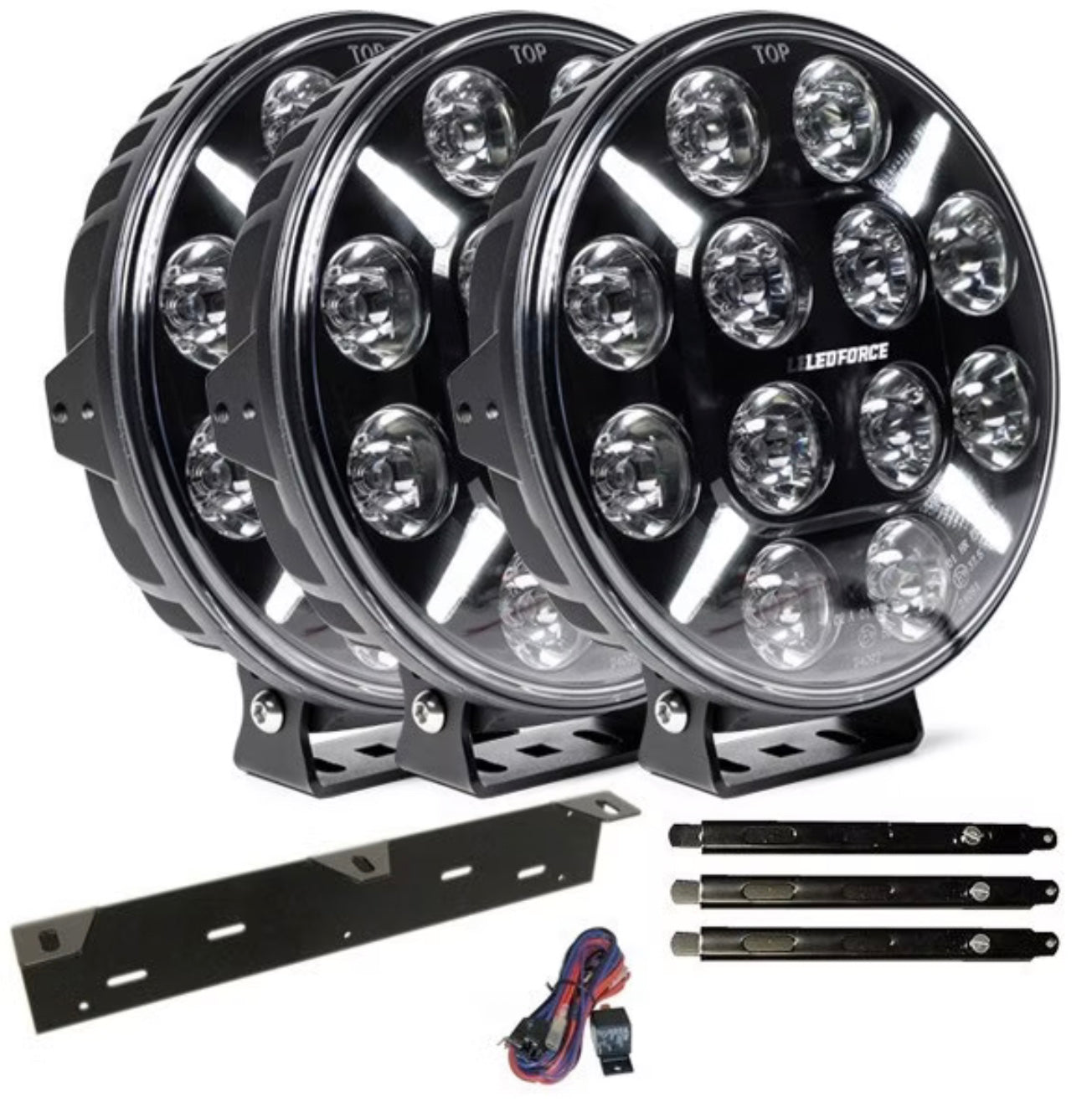 Zusatzlichtpaket 3 Stück LEDFORCE X-LED 160W 3-PACK LED-Zusatzlicht inkl. Zusatzlichthalter, Strebe und Relaiskabelsatz - 9-32V Beschreibung von