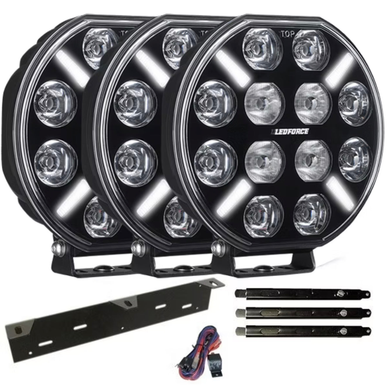Zusatzlichtpaket 3 Stück LEDFORCE X-LED+ V2 3-PACK 160W LED Zusatzlicht inkl. Zusatzlichthalter, Strebe und Relaiskabelsatz - 9-32V