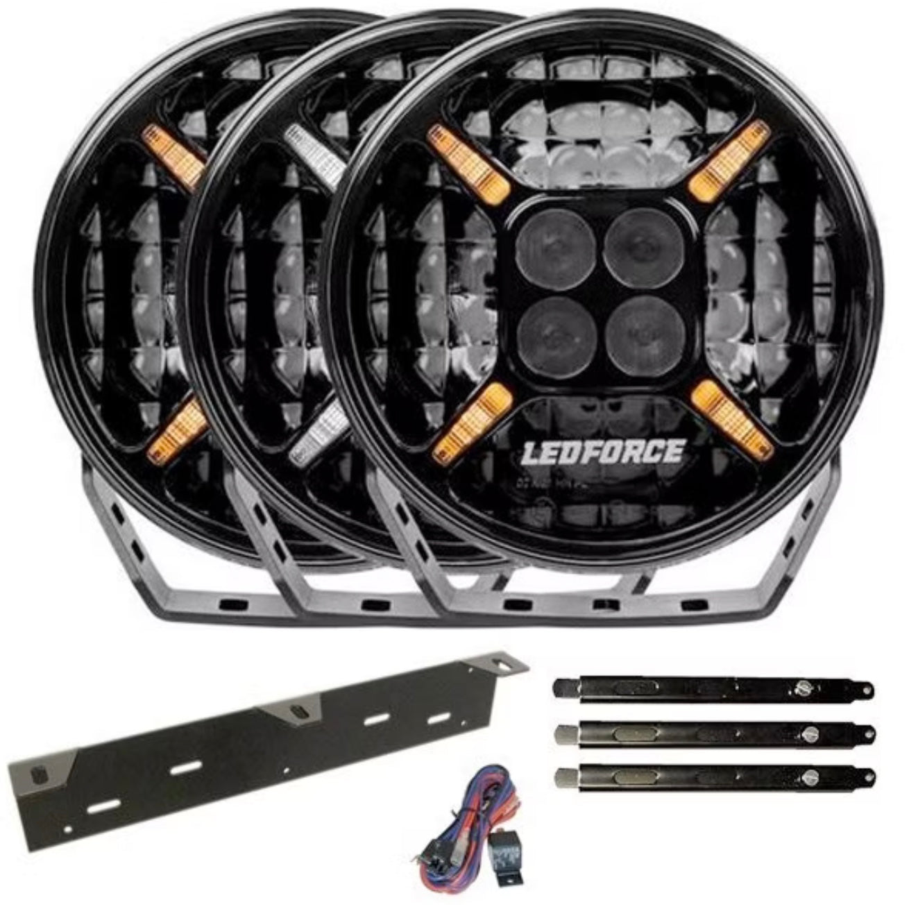 Zusatzscheinwerfer-Set: 3 × LEDFORCE Apex 120W – 3er-PACK LED-Zusatzscheinwerfer inkl. Halterung, Stabilisierungsstreben und Relaiskabelsatz – 9–32V
