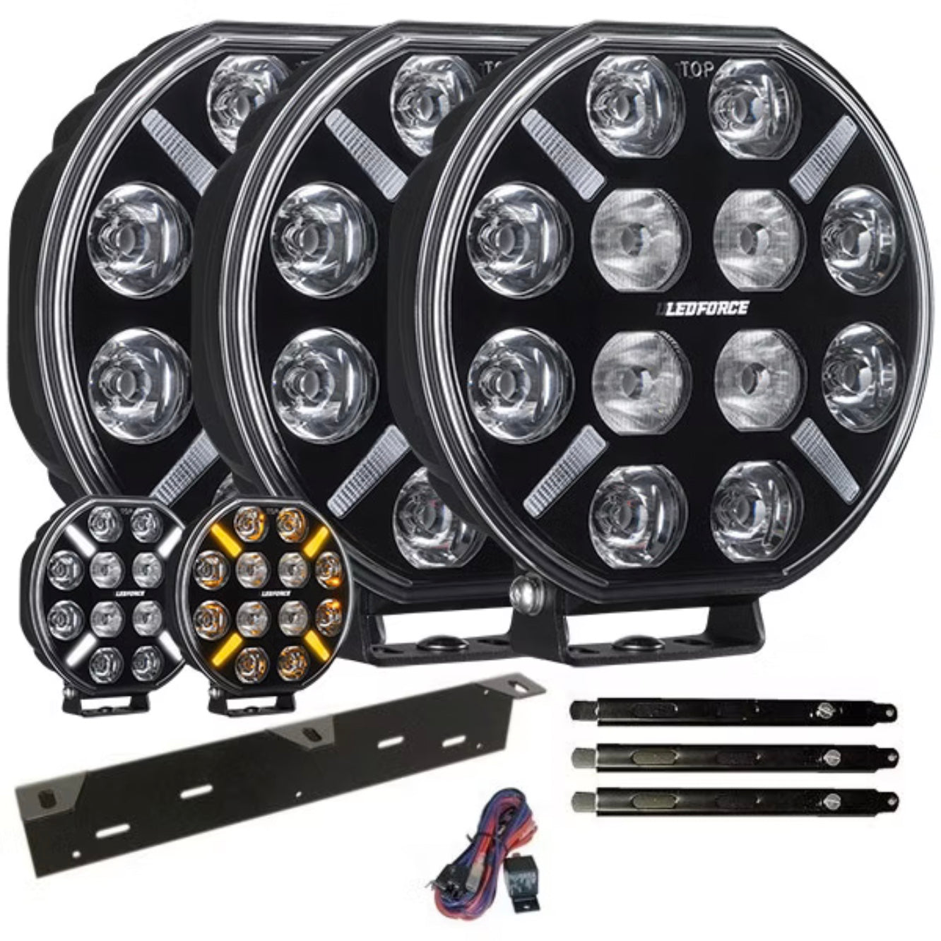 Zusatzlichtpaket 3 Stück LEDFORCE X-LED+ V2 3-PACK 160W LED Zusatzlicht inkl. Zusatzlichthalter, Strebe und Relaiskabelsatz - 9-32V