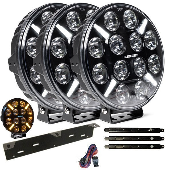 Fernscheinwerfer - Zusatzlichtpaket 3 Stück LEDFORCE X-LED+ 120W - 220mm - 9" 3-PACK LED-Zusatzlicht inkl. Zusatzlichthalter, Halterung und Relaiskabelsatz - 9-32V